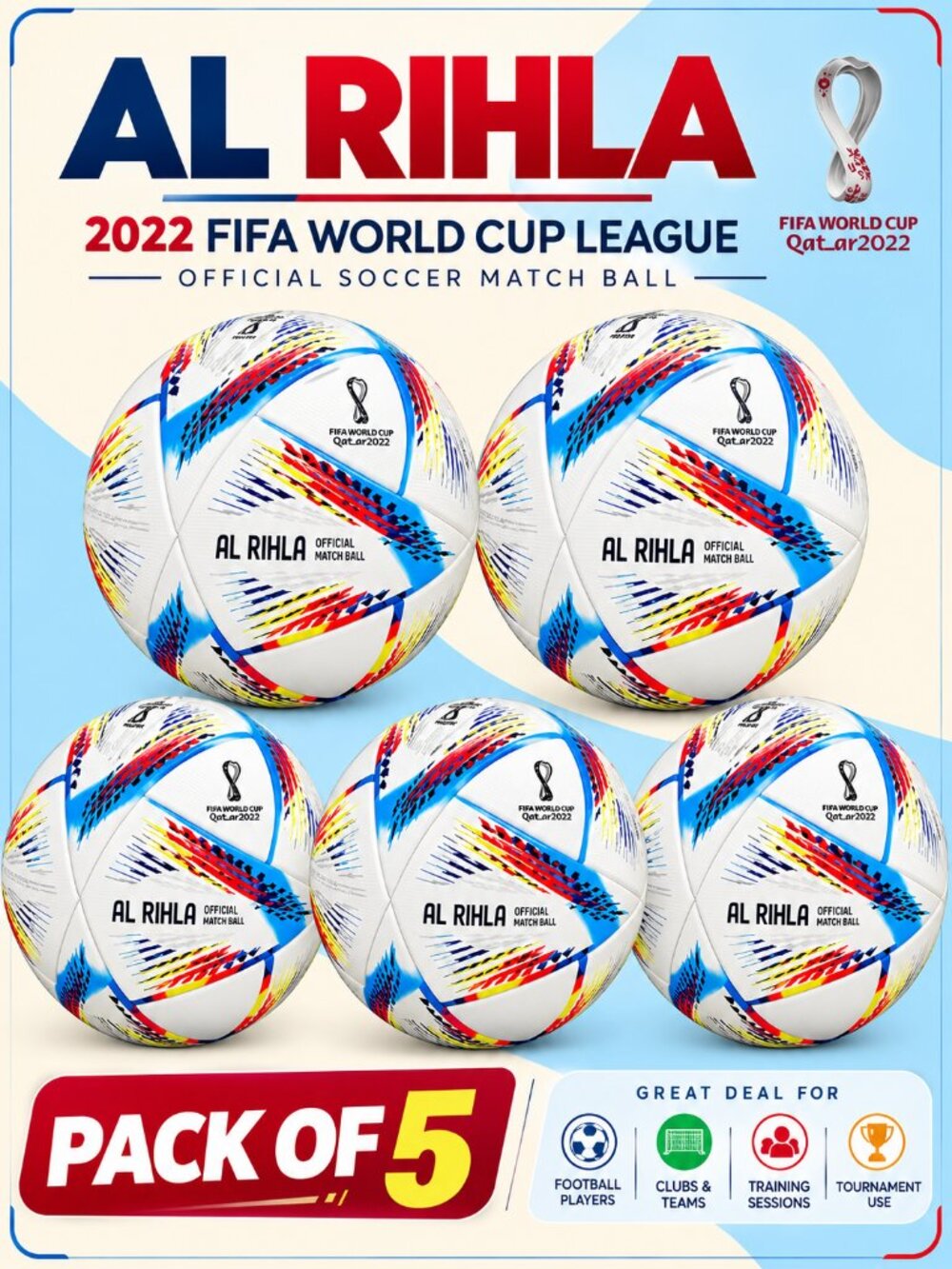 Pack of 5 Adidas Al Rihla FIFA World Cup 2022 Official Match Balls Size 5